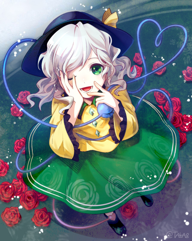 1girl ;d black_hat black_shoes blush eyeball floral_print flower frilled_sleeves frills from_above full_body green_eyes green_skirt hat hat_ribbon heart heart_of_string komeiji_koishi long_sleeves looking_at_viewer looking_up one_eye_closed open_mouth red_rose ribbon rose shirt shoes silver_hair skirt smile solo taka8 third_eye touhou twitter_username wavy_hair wide_sleeves yellow_ribbon yellow_shirt