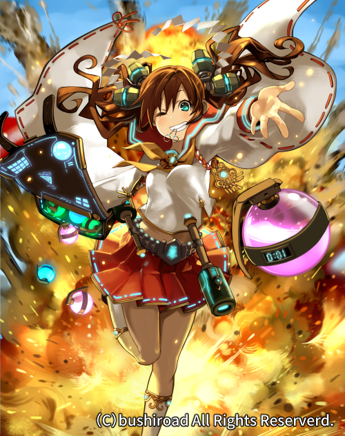 1girl bag battle_maiden_touka brown_hair cardfight!!_vanguard company_name explosive fire green_eyes grenade i-la long_hair miniskirt official_art one_eye_closed skirt solo teeth twintails