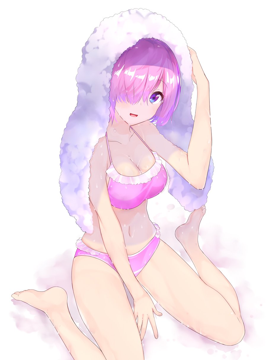 1girl amayu bare_legs barefoot bikini breasts cleavage fate/grand_order fate_(series) frilled_bikini frills hair_over_one_eye highres large_breasts looking_at_viewer navel pink_bikini pink_hair shielder_(fate/grand_order) short_hair sitting smile solo swimsuit towel towel_on_head violet_eyes wariza wet