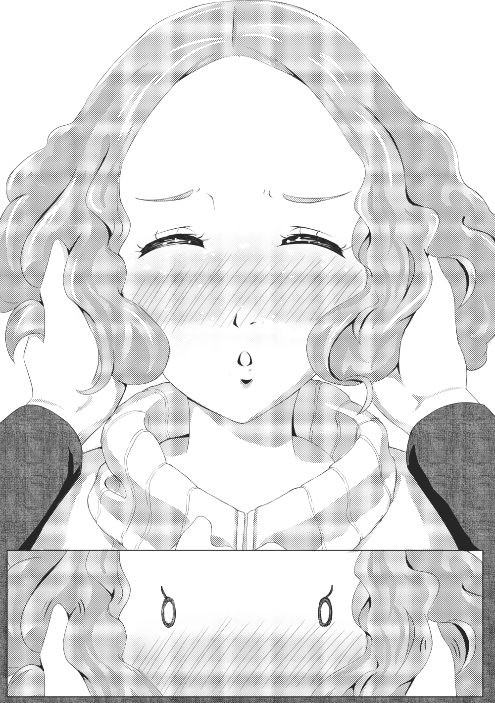 1girl bloo-ocean blush close-up closed_eyes comic face greyscale hand_in_another's_hair highres kurusu_akira looking_at_viewer monochrome o_o okumura_haru parted_lips persona persona_5 pov short_hair silent_comic solo_focus sweater