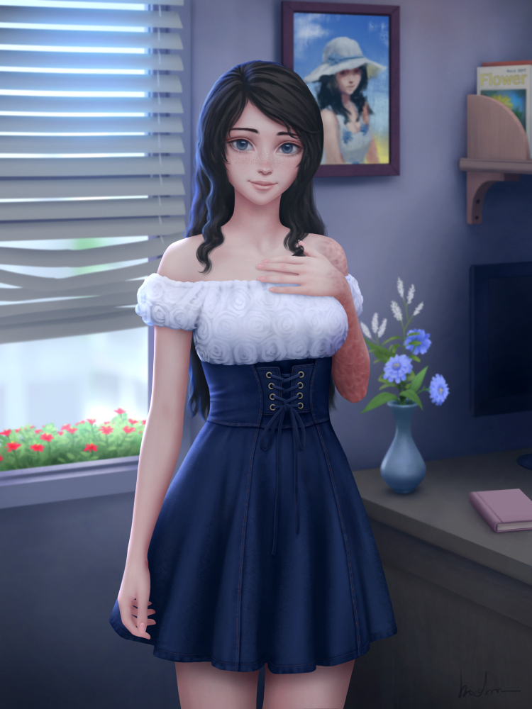 1girl bare_shoulders black_hair blue_dress blue_eyes book borrowed_character breasts burn_scar collarbone dress flower freckles gohpot hand_on_own_chest long_hair medium_breasts original portrait_(object) scar shelf signature smile solo table underbust vase wavy_hair window