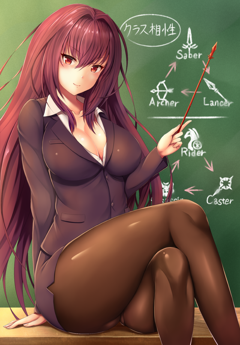 1girl alternate_costume black_legwear blush breasts chalkboard cleavage commentary_request directional_arrow fate/grand_order fate_(series) gae_bolg gameplay_mechanics hair_intakes large_breasts legs_crossed long_hair looking_at_viewer pantyhose pointer purple_hair red_eyes scathach_(fate/grand_order) sitting smile solo teacher translated zukky