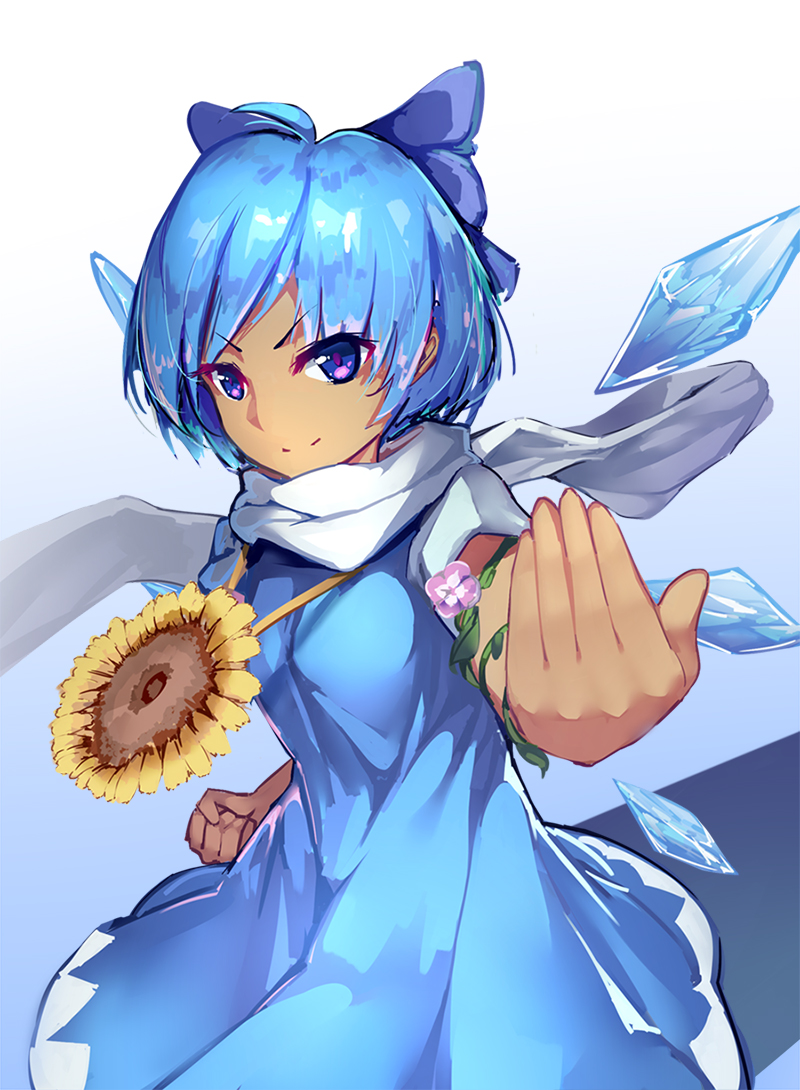 &gt;:) 1girl arm_at_side arm_up beckoning blue_bow blue_dress blue_hair bow cirno clenched_hand cowboy_shot dress eyebrows_visible_through_hair flower flower_necklace hair_bow hidden_star_in_four_seasons ice ice_wings jewelry looking_at_viewer necklace nezumi_(pixiv8514388) outstretched_arm plant scarf short_hair short_sleeves smile solo sunflower tan tanned_cirno touhou vines violet_eyes wings