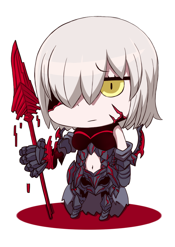 1girl armor armored_dress breasts chibi corruption dark_persona fate/grand_order fate_(series) gloves hair_over_one_eye looking_at_viewer navel_cutout ogawa_shou polearm riyo_(lyomsnpmp)_(style) shielder_(fate/grand_order) short_hair solo spear weapon white_hair yellow_eyes
