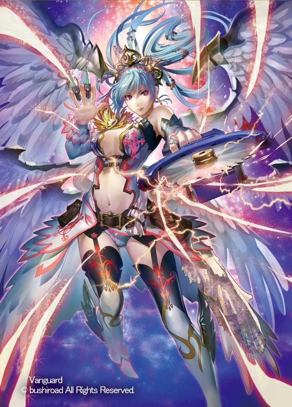 1girl bare_shoulders blue_hair boots cardfight!!_vanguard center_opening circular_saw circular_saw_kiriel company_name copyright_name feathered_wings midriff momose_hisashi navel official_art solo sparkle syringe thigh-highs tiara violet_eyes wings
