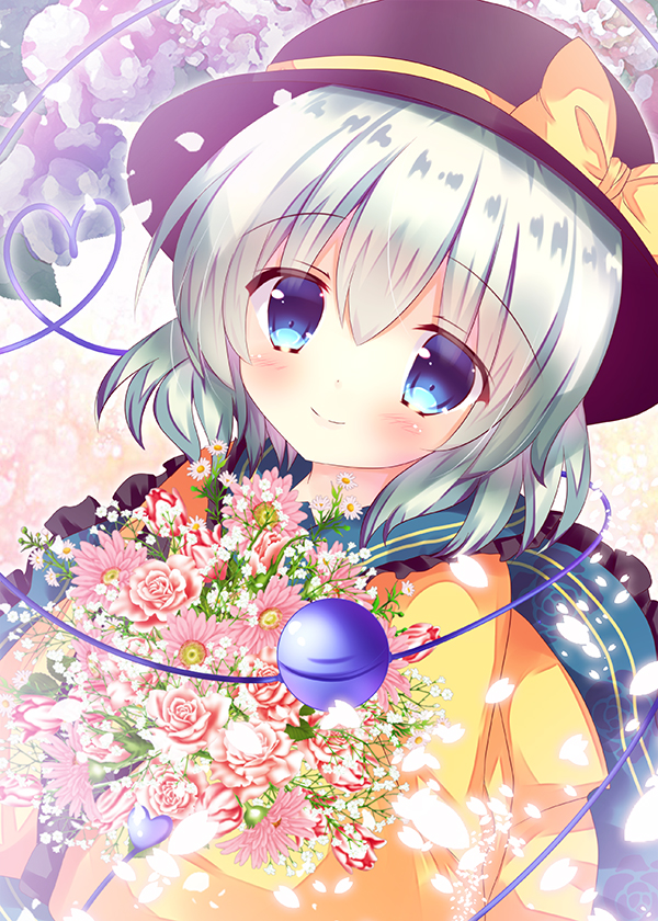 1girl black_hat blue_eyes bow eyeball eyebrows_visible_through_hair flower green_skirt hair_between_eyes hat heart heart_of_string komeiji_koishi long_sleeves petals pink_flower pink_rose rika-tan_(rikatantan) rose shirt short_hair silver_hair skirt smile solo third_eye touhou wide_sleeves yellow_bow yellow_shirt