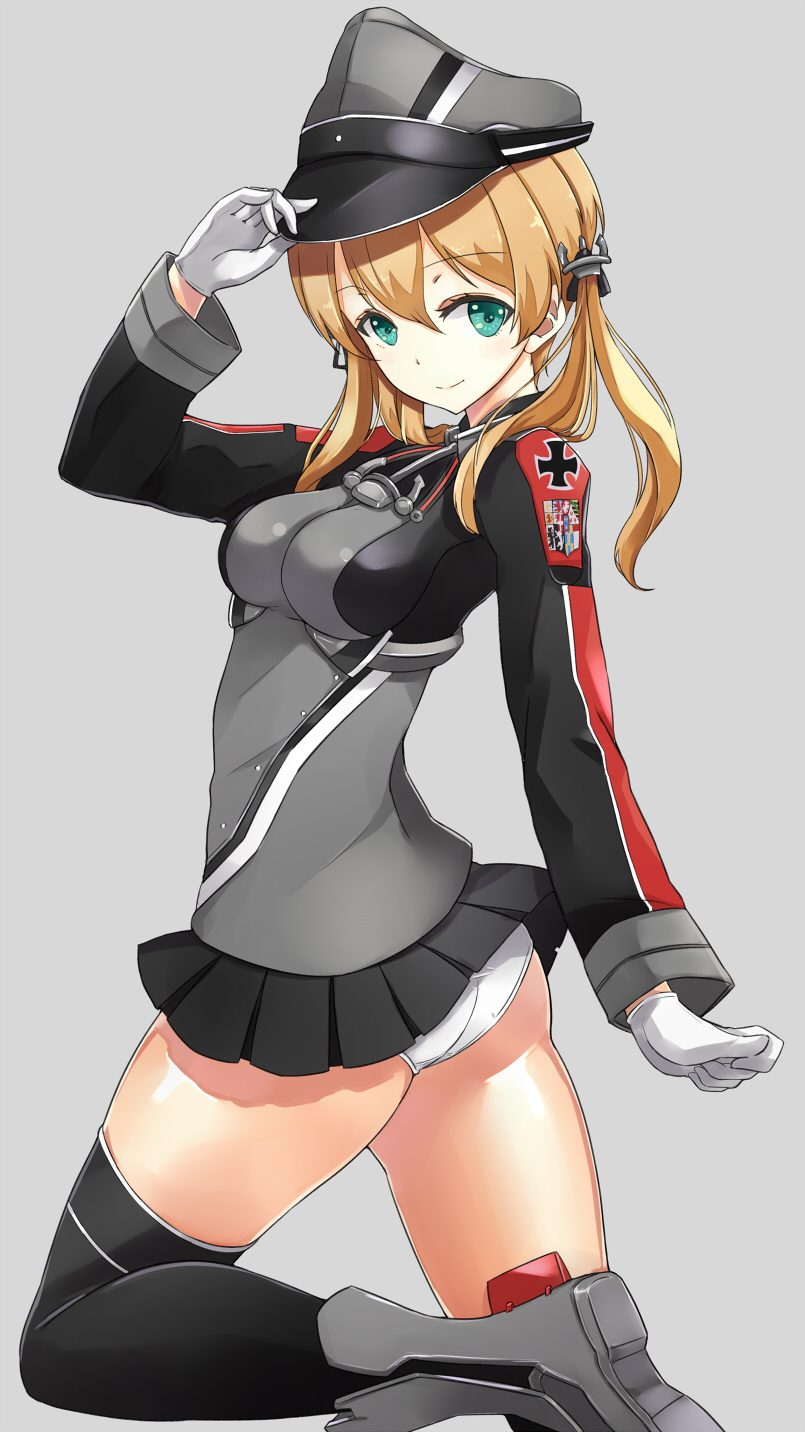 1girl ass asya black_legwear blonde_hair commentary_request gloves green_eyes grey_background hat hat_tip highres kantai_collection legs looking_at_viewer looking_back military military_uniform panties prinz_eugen_(kantai_collection) simple_background solo thigh-highs thighs twintails underwear uniform white_panties