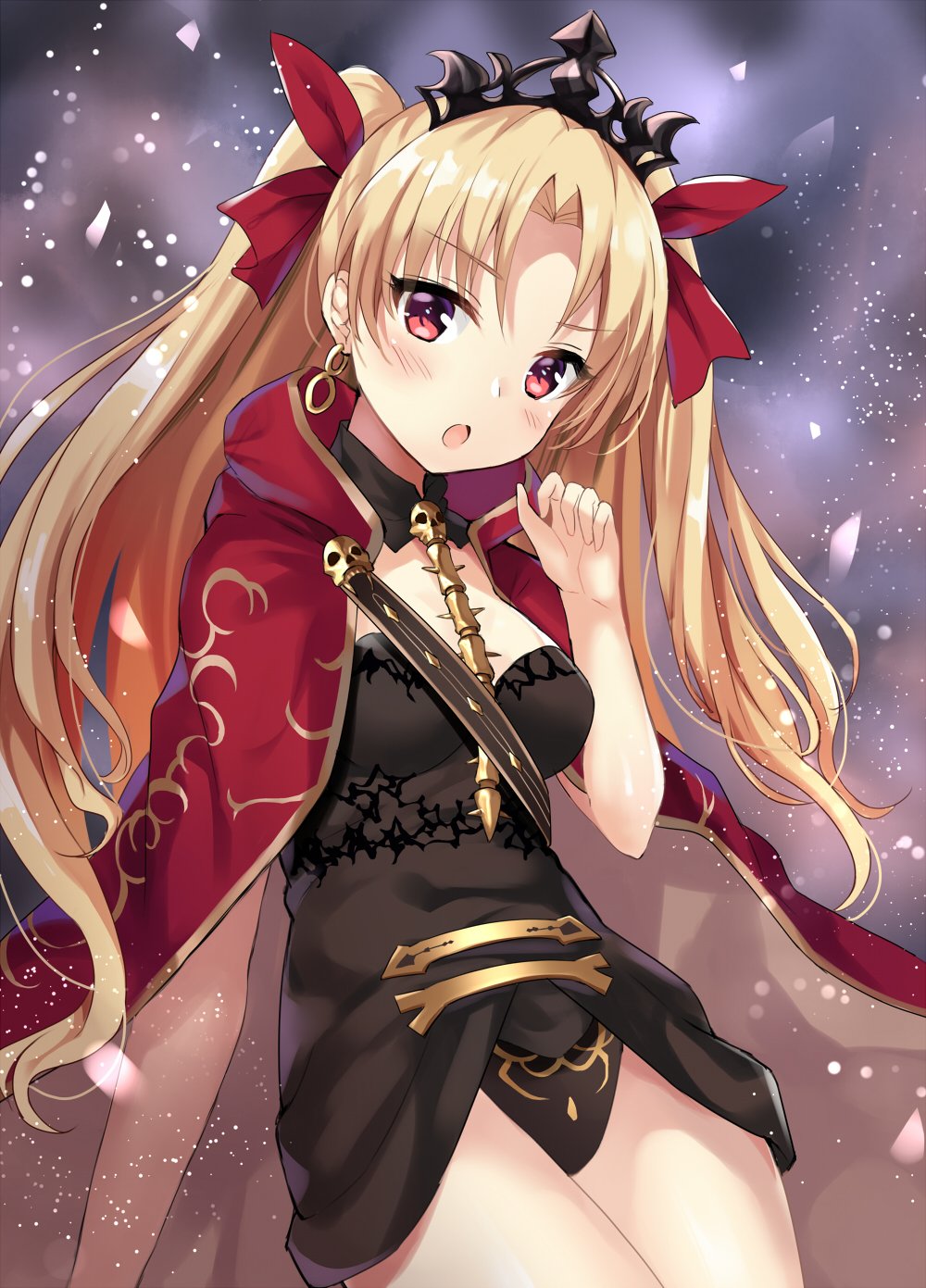 1girl :o arm_support bad_id black_dress blonde_hair blush breasts cape commentary_request detached_collar dress earrings ereshkigal_(fate/grand_order) fate/grand_order fate_(series) hair_ribbon hand_up harimoji head_tilt highres jewelry long_hair looking_at_viewer looking_to_the_side medium_breasts red_cape red_eyes red_ribbon ribbon short_dress skull solo spine thighs tiara tohsaka_rin toosaka_rin twintails