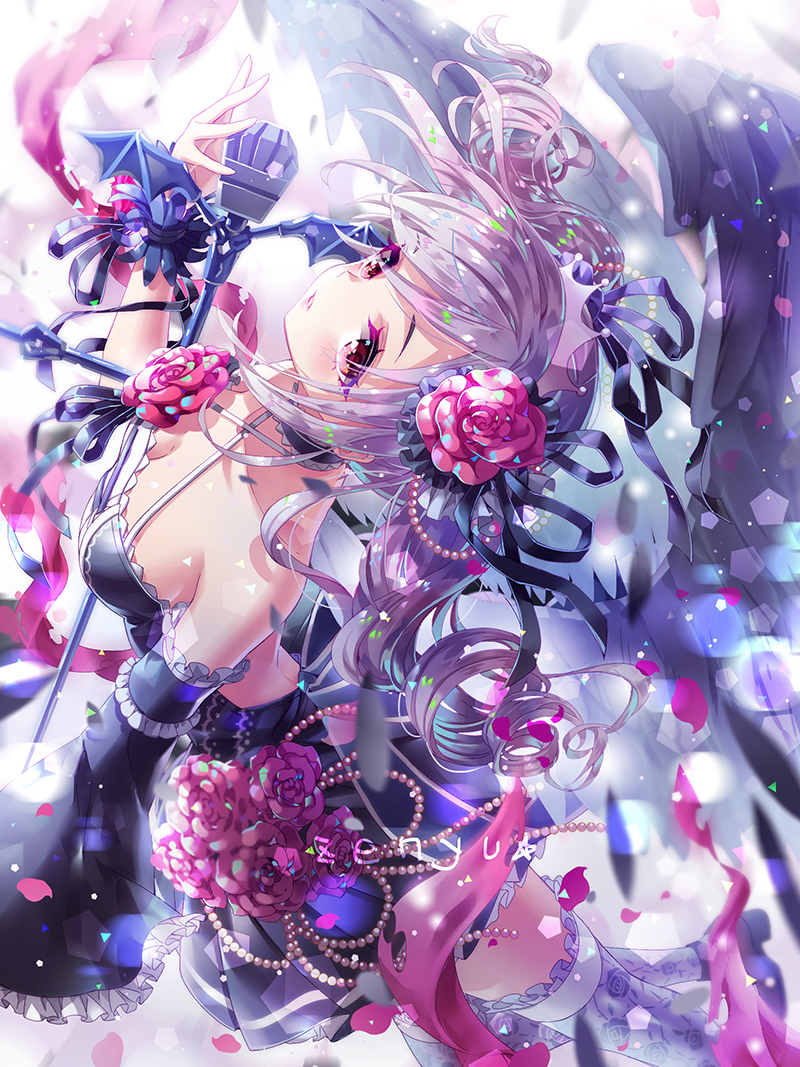 1girl artist_name back_bow black_dress black_ribbon black_shoes black_wings blue_bow blue_legwear bow brooch collarbone dress drill_hair eyebrows_visible_through_hair feathered_wings floral_print flower frilled_dress frilled_legwear frills hair_flower hair_ornament hair_ribbon hairband idolmaster idolmaster_cinderella_girls jewelry kanzaki_ranko leaning_back light_particles looking_at_viewer microphone microphone_stand open-back_dress parted_lips pearl petals red_eyes ribbon rose rose_petals rose_print shoes short_dress short_eyebrows signature silver_hair solo spaghetti_strap standing star thigh-highs wings zenyu zettai_ryouiki