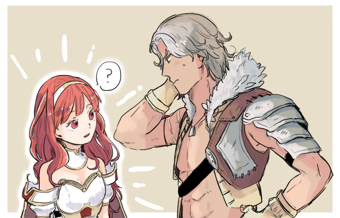 1boy 1girl ? abs atlas_(fire_emblem) bare_shoulders blush breastplate breasts brown_background cape celica_(fire_emblem) cleavage fire_emblem fire_emblem_echoes:_mou_hitori_no_eiyuuou fur_trim grey_hair hairband jewelry necklace open_mouth red_eyes redhead shirtless simple_background toned toned_male upper_body