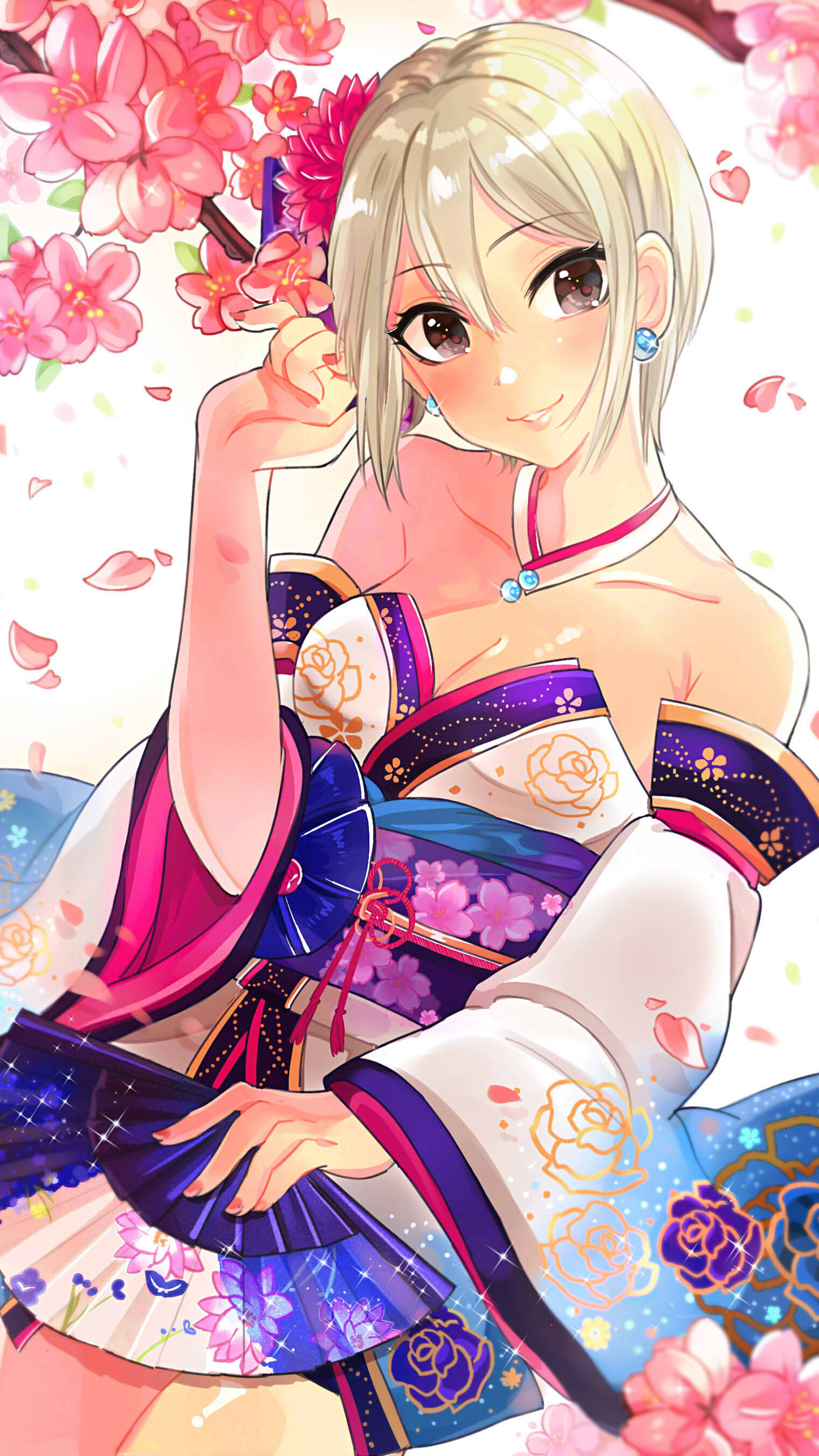 1girl absurdres bare_shoulders blush branch breasts brown_eyes cherry_blossoms cleavage collar collarbone detached_sleeves eyebrows_visible_through_hair eyelashes fan floral_print folding_fan hair_between_eyes hair_ornament hand_up head_tilt highres holding holding_fan idolmaster idolmaster_cinderella_girls japanese_clothes kimono leaning_back lips looking_at_viewer medium_breasts nail_polish obi parted_lips pearl_earrings petals rose_print sash shiny shiny_skin shiomi_shuuko short_hair silver_hair sitting smile solo sparkle straight_hair tomato_omurice_melon tree white_background white_collar white_kimono wide_sleeves