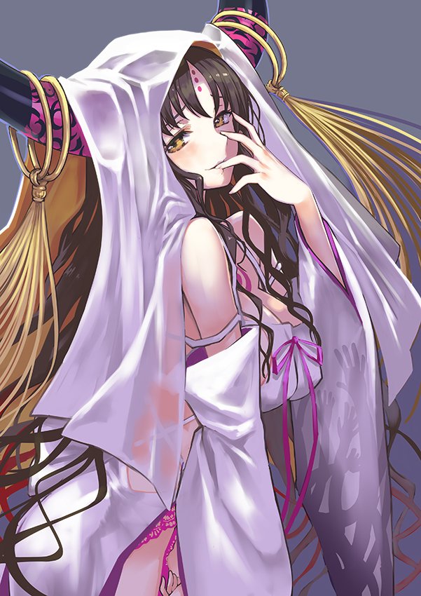 1girl bare_shoulders black_hair breasts detached_sleeves facial_mark fate/extra fate/extra_ccc fate_(series) forehead_mark horns koin_(foxmark) large_breasts long_hair looking_at_viewer sesshouin_kiara veil very_long_hair yellow_eyes