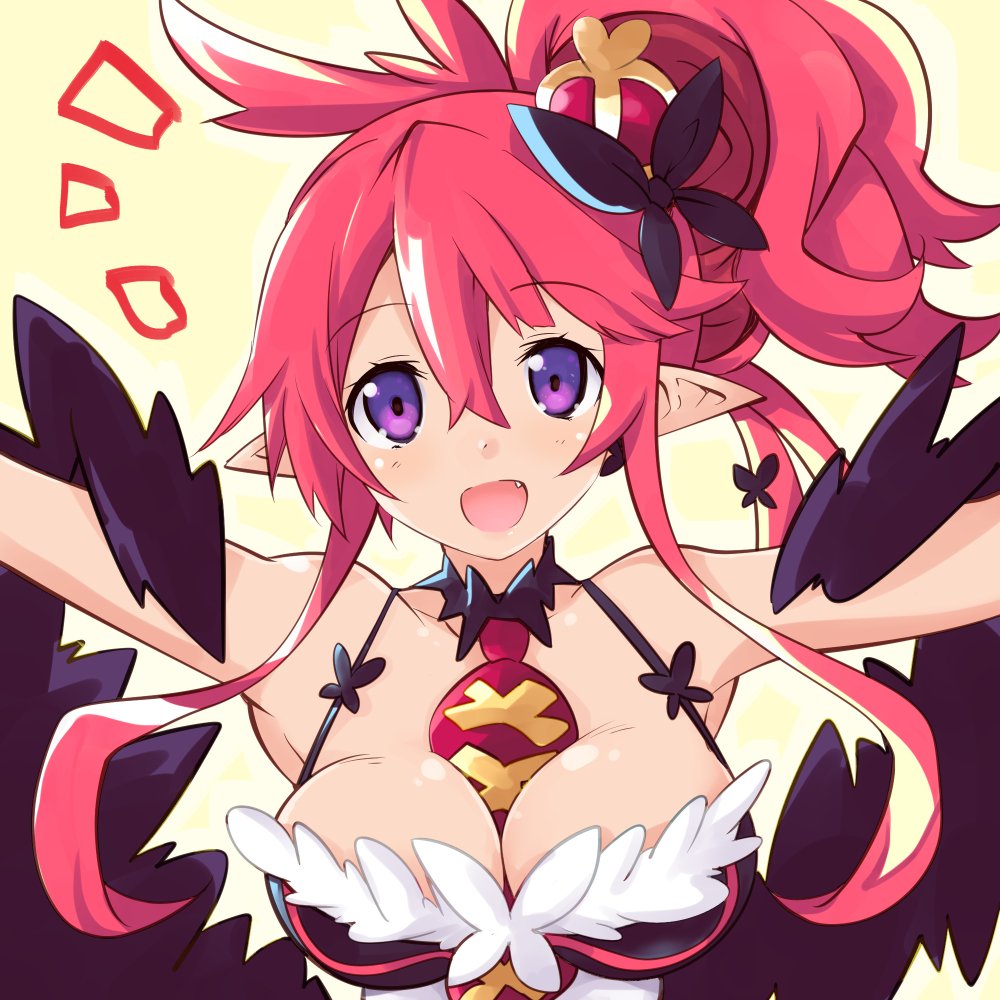 1girl :d between_breasts breasts cleavage close-up crown disgaea feather_boa iwasi-r large_breasts looking_at_viewer makai_senki_disgaea_5 mini_crown necktie necktie_between_breasts open_mouth outstretched_arms pink_hair pointy_ears ponytail red_necktie seraphina_(disgaea) shiny shiny_skin short_hair sidelocks smile solo spread_arms violet_eyes yellow_background