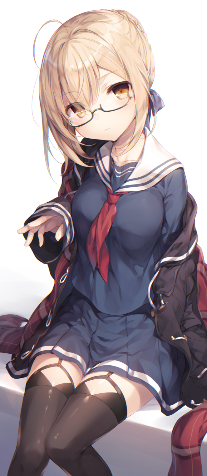 1girl ahoge black-framed_eyewear blonde_hair breasts commentary_request dark_persona fate/grand_order fate_(series) glasses heroine_x heroine_x_(alter) highres komeshiro_kasu looking_at_viewer plaid plaid_scarf red_scarf saber scarf school_uniform semi-rimless_glasses serafuku sitting solo under-rim_glasses yellow_eyes