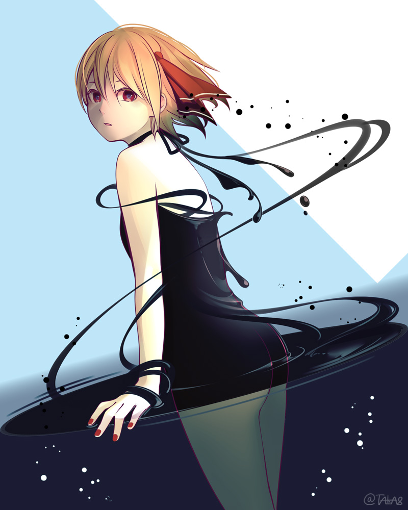 1girl alternate_costume ass bare_arms bare_shoulders black_dress blonde_hair cowboy_shot darkness dress from_side hair_ribbon looking_at_viewer looking_to_the_side microdress nail_polish partially_submerged red_eyes red_nails red_ribbon ribbon rumia short_hair solo taka8 thighs touhou twitter_username