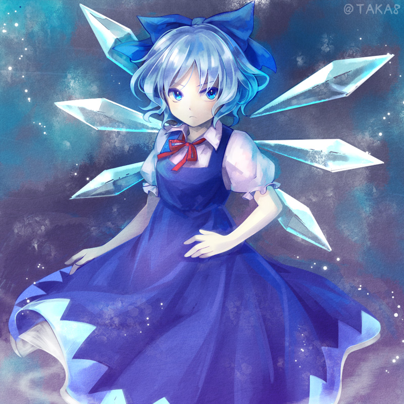 &gt;:( 1girl bangs blue_bow blue_dress blue_eyes blue_hair bow cirno closed_mouth dress hair_bow ice ice_wings looking_at_viewer neck_ribbon parted_bangs puffy_short_sleeves puffy_sleeves red_ribbon ribbon serious short_hair short_sleeves solo taka8 touhou twitter_username wings