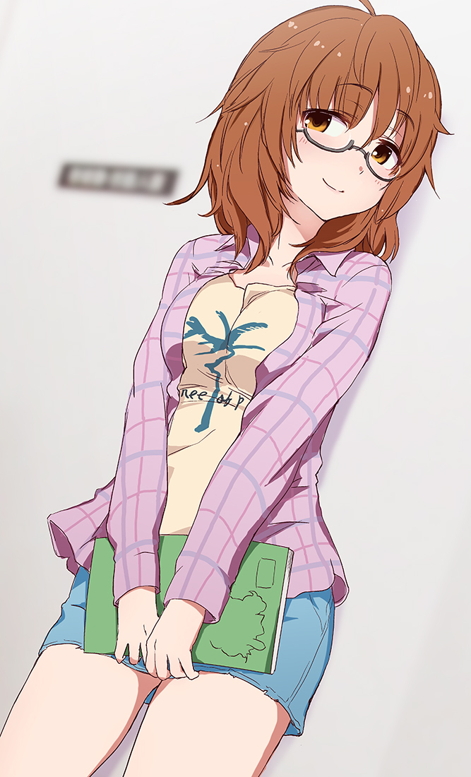 1girl against_wall ahoge araki_hina blue_shorts blue_skirt blush book breast_squeeze breasts brown_hair closed_mouth collarbone denim denim_shorts denim_skirt dutch_angle eyebrows_visible_through_hair glasses holding holding_book idolmaster idolmaster_cinderella_girls indoors jacket leaning looking_to_the_side medium_breasts medium_hair messy_hair pink_jacket plaid_jacket semi-rimless_glasses shirt shorts skirt smile solo t-shirt under-rim_glasses v_arms yellow_eyes yellow_shirt yuuhi_(at-speakeasy)