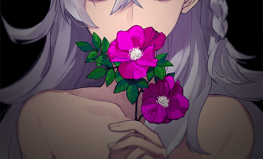 1girl bare_shoulders black_background braid close-up collarbone covered_mouth fate/grand_order fate_(series) flower head_out_of_frame hita_(hitapita) holding holding_flower long_hair nude olga_marie pink_flower portrait silver_hair simple_background solo