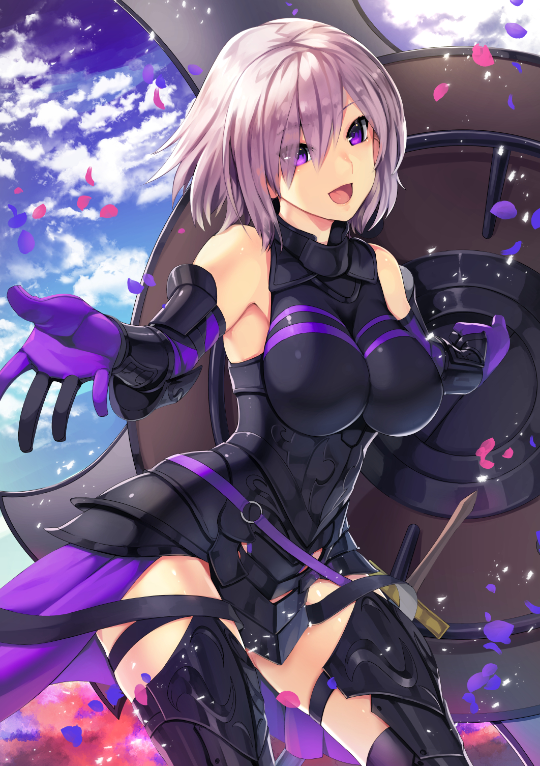 1girl armor armored_dress bare_shoulders black_armor black_dress black_gauntlets black_greaves black_legwear blurry breasts clouds cowboy_shot day depth_of_field detached_sleeves dress elbow_gloves eyes_visible_through_hair fate/grand_order fate_(series) female from_side gauntlets gloves greaves hair_over_one_eye hand_holding highres holding holding_shield holding_weapon large_breasts lavender_hair lips looking_at_viewer navel open_mouth outdoors outstretched_hand parted_lips purple_gloves shield shielder_(fate/grand_order) shiny shiny_clothes shiny_hair shiny_skin short_hair sky sleeveless sleeveless_dress smile solo standing sukocchi thigh-highs thigh_strap type-moon violet_eyes weapon