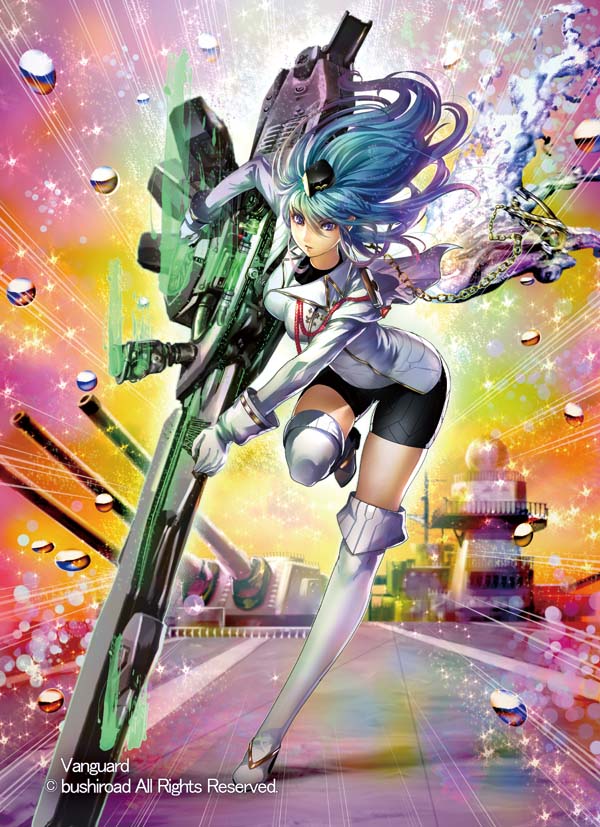 1girl blue_hair boots bubble capelet cardfight!!_vanguard company_name copyright_name gloves gun long_hair military military_uniform momose_hisashi official_art solo sparkle tear_knight_valeria uniform violet_eyes weapon