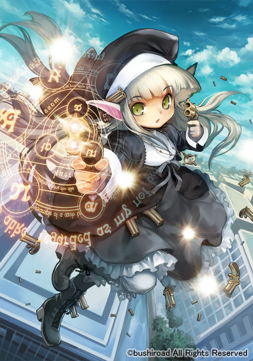 1girl battle_sister_waffle boots bullet cardfight!!_vanguard child company_name green_eyes gun kawasumi_(japonica) long_hair magic_circle nun official_art pointy_ears sky solo veil weapon white_hair