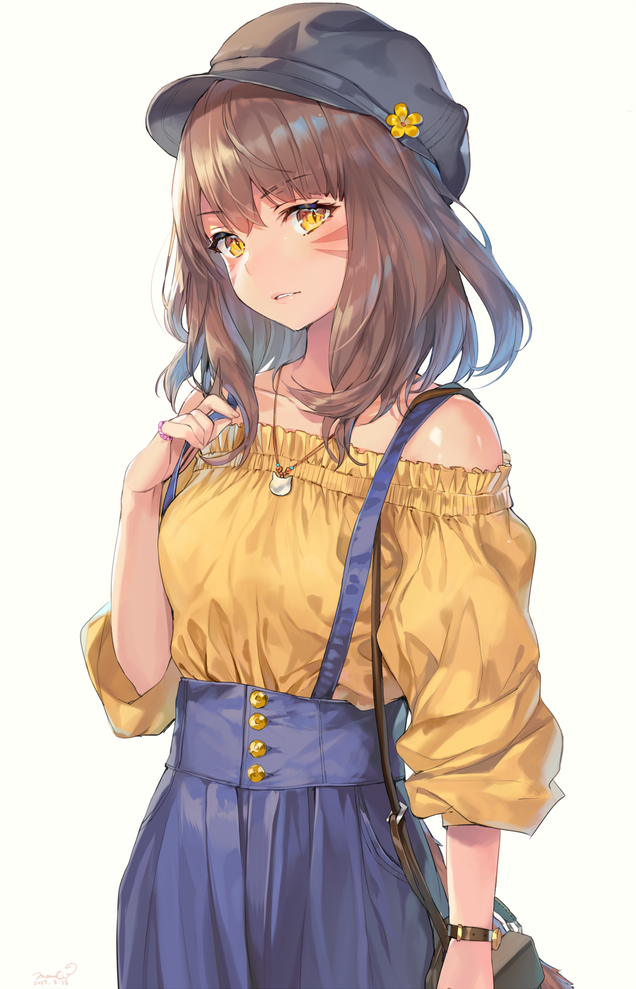 1girl bag blush brown_hair cat_tail collarbone facial_mark final_fantasy final_fantasy_xiv flower handbag hat hat_flower highres jewelry lips long_hair looking_at_viewer miqo'te momoko_(momopoco) necklace parted_lips simple_background slit_pupils solo suspenders tail upper_body watch watch white_background yellow_eyes