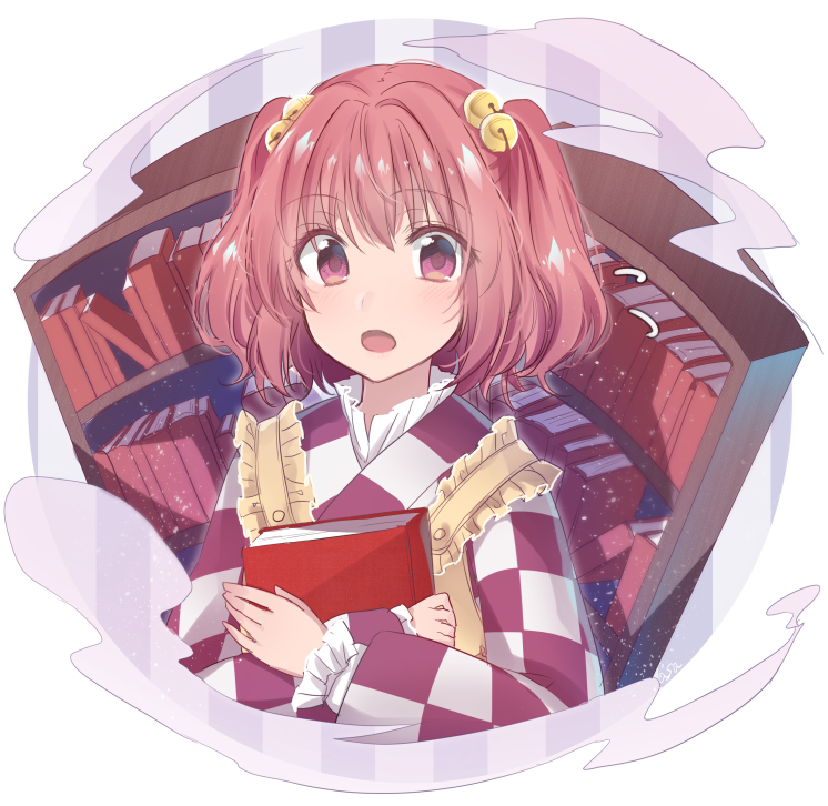1girl apron asa_(coco) bell book book_hug bookshelf checkered checkered_kimono checkered_shirt clothes_writing commentary_request forbidden_scrollery hair_bell hair_ornament holding holding_book japanese_clothes jingle_bell kimono looking_at_viewer motoori_kosuzu open_mouth red_eyes redhead romaji shirt short_hair touhou twintails two_side_up