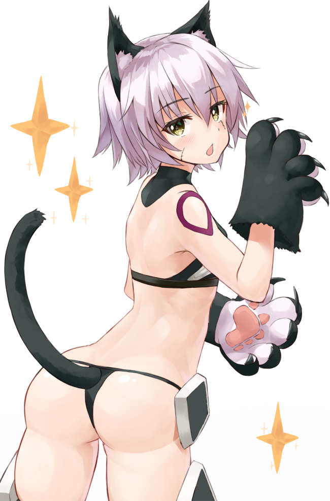 1girl animal_ears ass assassin_of_black bare_shoulders black_legwear black_panties blush breasts cat_ears cat_tail chestnut_mouth fate/apocrypha fate/grand_order fate_(series) from_behind gloves green_eyes kemonomimi_mode looking_at_viewer midriff open_mouth panties paw_gloves paws scar short_hair shunichi silver_hair small_breasts tail thigh-highs thighs underwear