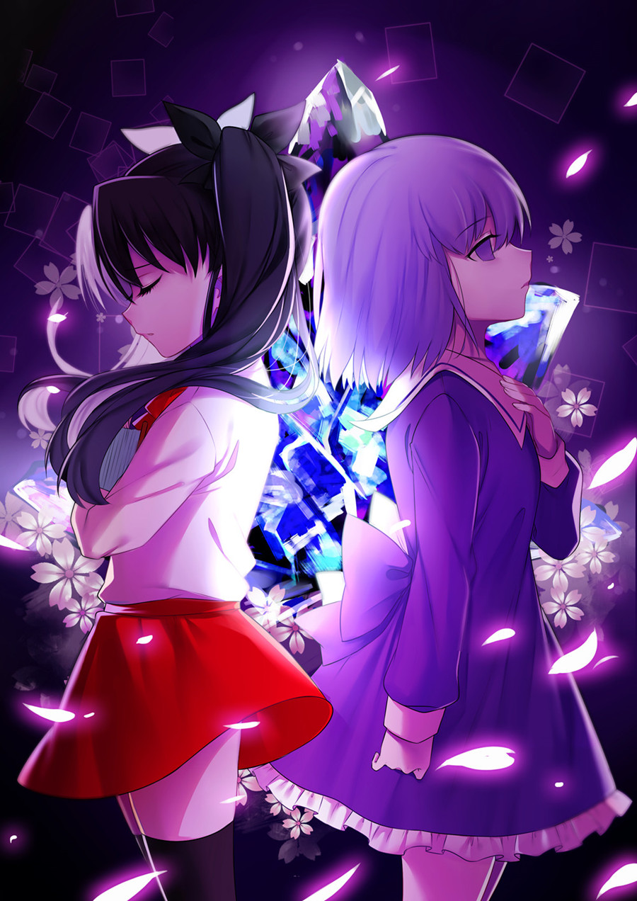 2girls back-to-back black_hair black_legwear closed_eyes dress fate/stay_night fate/zero fate_(series) hair_ribbon highres matou_sakura multiple_girls petals purple_hair ribbon siblings sisters skirt standing thigh-highs tohsaka_rin toosaka_rin violet_eyes yaoshi_jun younger zettai_ryouiki