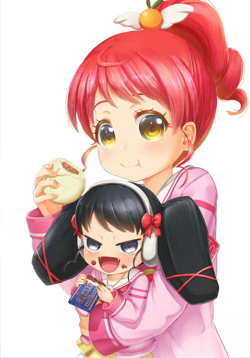 1girl 2girls :t abo_(kawatasyunnnosukesabu) black_hair blush chewing child chocolate chocolate_bar chocolate_on_face closed_mouth commentary_request eating fang food food_on_face grey_eyes headphones highres holding holding_food long_sleeves looking_at_viewer multiple_girls neckerchief pink_neckerchief pink_shirt ponytail redhead sailor_collar shirt simple_background skirt solo twintails white_background white_sailor_collar yellow_eyes yellow_skirt