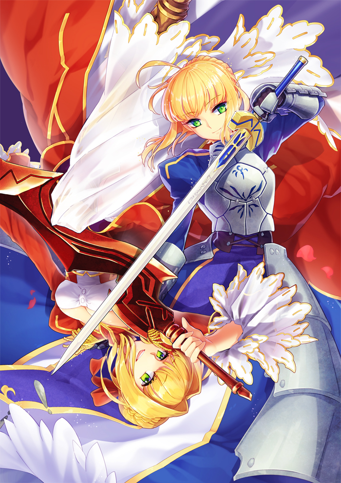 2girls aestus_estus ahoge armor armored_dress blonde_hair blue_dress blue_eyes breastplate breasts cleavage dress excalibur fate/extra fate/stay_night fate_(series) faulds green_eyes hair_intakes looking_at_viewer multiple_girls puffy_sleeves red_dress saber saber_extra smile yeruen