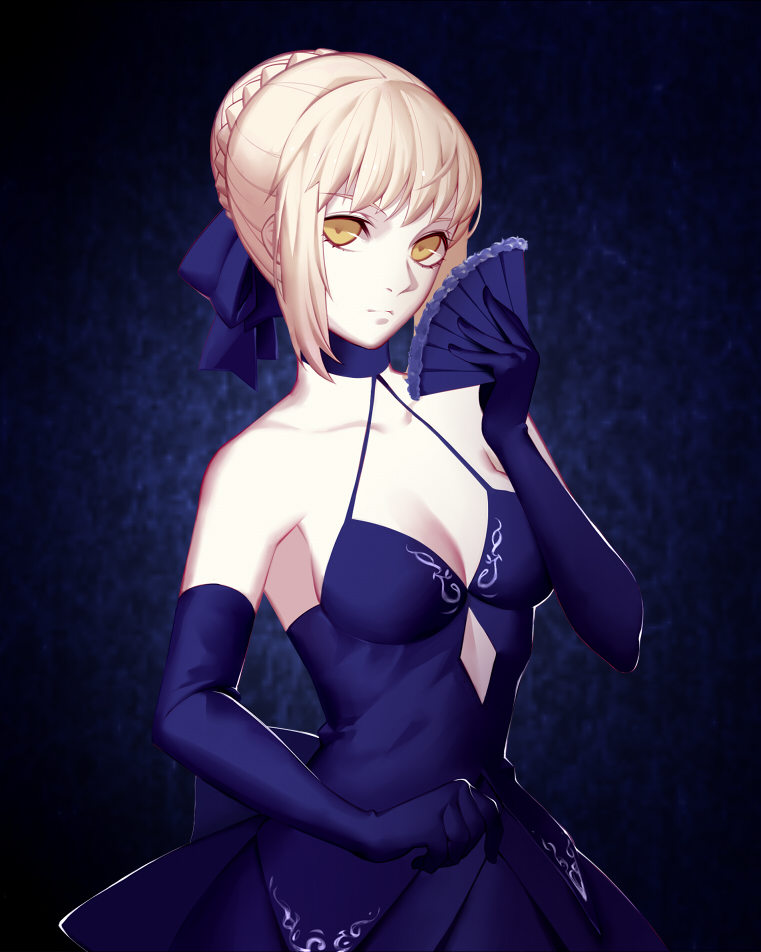 1girl bangs bare_shoulders blonde_hair blue_background blue_dress blue_gloves blue_ribbon braid breasts choker cleavage closed_mouth collarbone commentary dress elbow_gloves expressionless fan fate/stay_night fate_(series) folding_fan french_braid gloves gradient gradient_background hair_bun hair_ribbon holding holding_fan looking_at_viewer medium_breasts no_bra pale_skin portrait revision ribbon saber saber_alter sidelocks sleeveless sleeveless_dress solo tsurime upper_body yellow_eyes zhano_kun