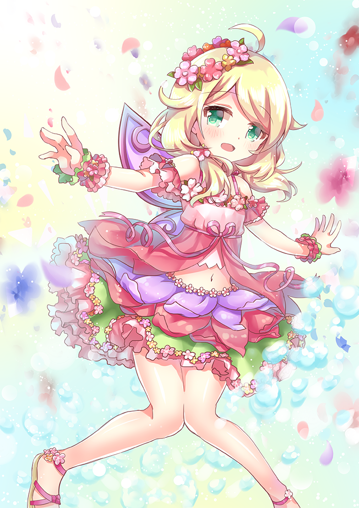 1girl ahoge arm_cuffs bare_legs bare_shoulders blonde_hair blush bubble crop_top eyebrows_visible_through_hair eyes_visible_through_hair fairy_wings flower flower_skirt green_eyes hair_flower hair_ornament head_wreath idolmaster idolmaster_cinderella_girls idolmaster_cinderella_girls_starlight_stage jumping knees_together_feet_apart light_particles looking_at_viewer medium_hair midriff navel open_mouth outstretched_arms petals pink_ribbon pink_shirt purple_wings ribbon sandals shirt side_ponytail sky sleeveless sleeveless_shirt solo spaghetti_strap tank_top wings wrist_cuffs yusa_kozue zinczinc_ka