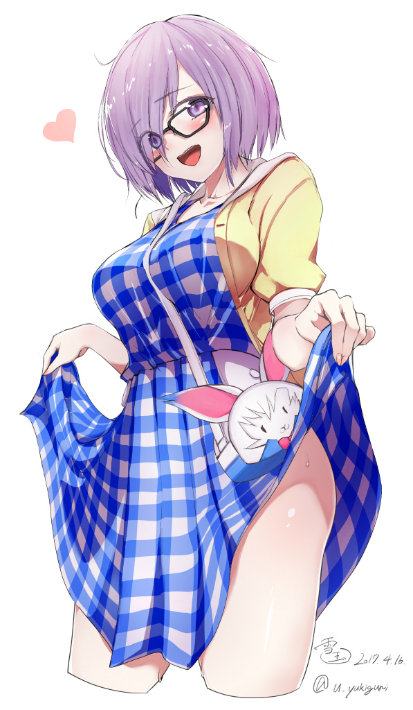 1girl :d ahoge artist_name bag between_breasts black-framed_eyewear breasts checkered checkered_dress collarbone cropped_legs dated dress eyebrows_visible_through_hair eyes_visible_through_hair fate/grand_order fate_(series) fingernails fou_(fate/grand_order) from_below glasses hair_over_one_eye handbag heart jacket long_hair looking_at_viewer looking_down medium_breasts open_clothes open_jacket open_mouth over_shoulder pink_hair shielder_(fate/grand_order) shiny shiny_hair shiny_skin short_hair short_sleeves shoulder_bag simple_background skirt_hold smile solo standing strap_cleavage sweat thighs unbuttoned very_long_hair violet_eyes white_background yukiguni_yuu