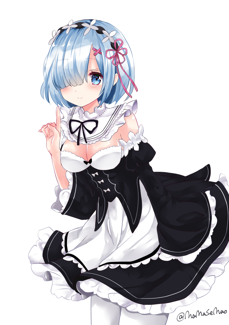 1girl bangs blue_eyes blue_hair blush breasts cleavage closed_mouth collar cowboy_shot detached_collar detached_sleeves eyebrows_visible_through_hair frilled_collar frilled_sleeves frills hair_ornament hair_over_one_eye hair_ribbon hand_up index_finger_raised looking_at_viewer maid maid_headdress medium_breasts nanase_nao pantyhose pink_ribbon re:zero_kara_hajimeru_isekai_seikatsu rem_(re:zero) ribbon short_hair simple_background smile solo twitter_username white_background white_legwear x_hair_ornament