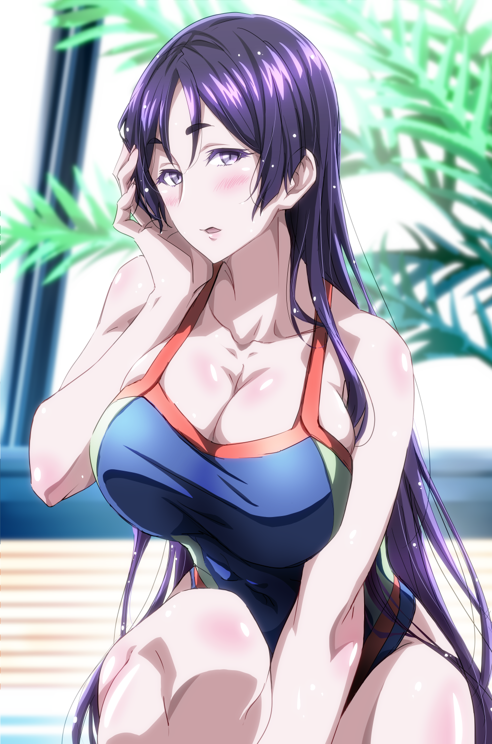 1girl blush breasts cleavage fate/grand_order fate_(series) highres kobayashi_shinpei large_breasts looking_at_viewer minamoto_no_raikou_(fate/grand_order) one-piece_swimsuit parted_lips purple_hair rei_no_pool solo swimsuit violet_eyes wet