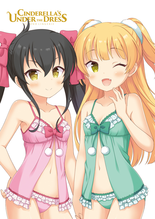 2girls ;d babydoll bangs bare_arms bare_shoulders black_hair blonde_hair blush bow closed_mouth collarbone commentary_request eyebrows_visible_through_hair fang fingernails frilled_panties frills green_bow green_panties hair_between_eyes hair_bow hand_holding hand_on_hip hand_up idolmaster idolmaster_cinderella_girls idolmaster_cinderella_girls_starlight_stage interlocked_fingers jougasaki_rika kaiware-san long_hair looking_at_viewer matoba_risa multiple_girls navel one_eye_closed open_mouth panties pink_bow pink_panties simple_background smile twintails two_side_up underwear underwear_only very_long_hair white_background yellow_eyes