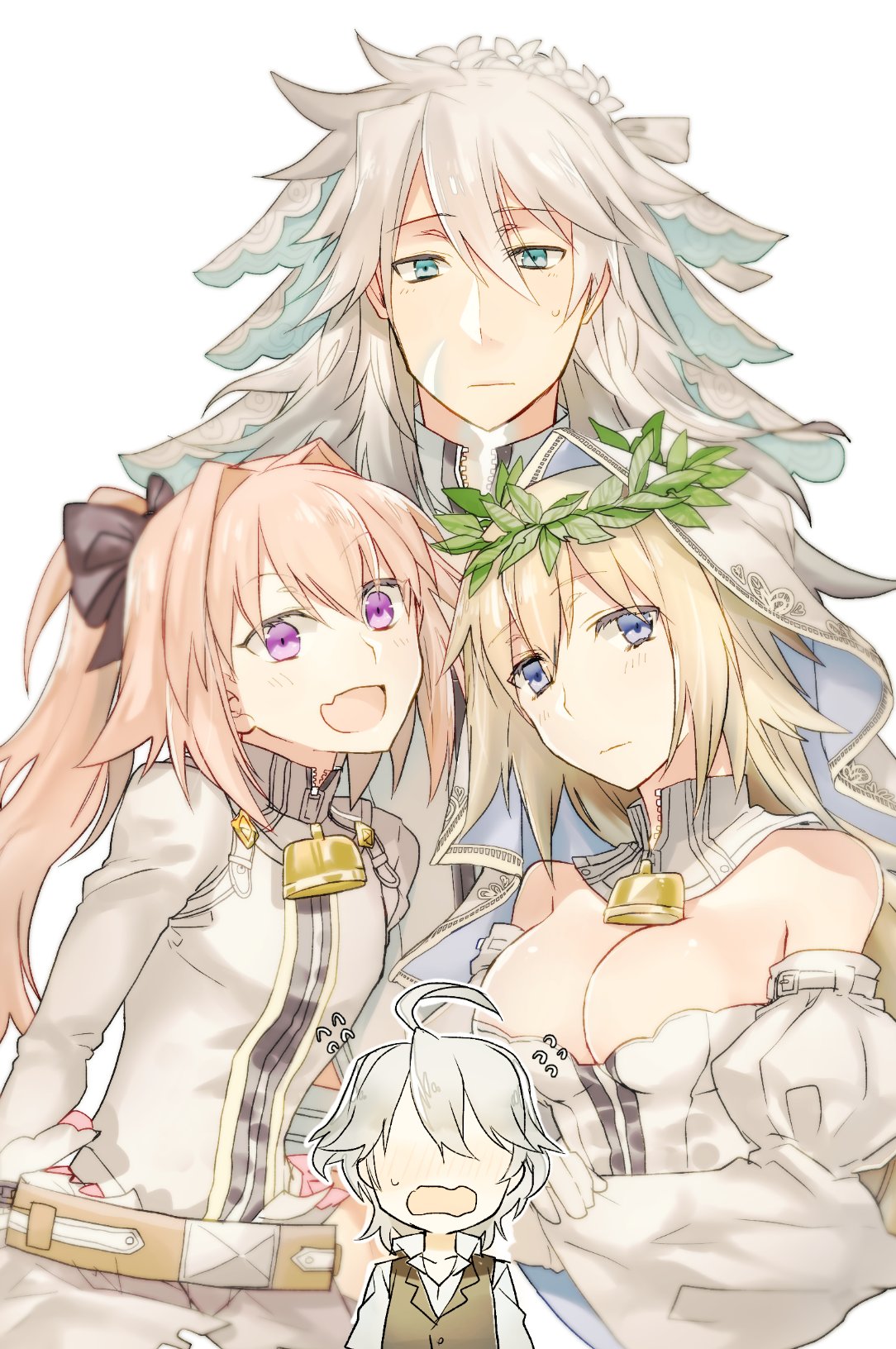 1girl 3boys ahoge aushi blonde_hair blue_eyes blush bodysuit braid chains cosplay dark_skin fang fate/apocrypha fate/extra fate/extra_ccc fate_(series) green_eyes hair_ribbon highres lock long_hair looking_at_viewer multiple_boys one_eye_closed open_mouth pink_hair platinum_blonde ribbon rider_of_black ruler_(fate/apocrypha) saber_bride saber_bride_(cosplay) saber_extra saber_of_black sieg_(fate/apocrypha) single_braid smile solo trap veil violet_eyes white_hair zipper