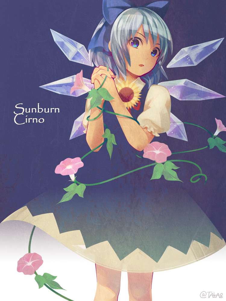 1girl blue_bow blue_dress blue_eyes blue_hair bow cirno cowboy_shot dress english flower hair_bow hidden_star_in_four_seasons ice ice_wings looking_at_viewer morning_glory puffy_short_sleeves puffy_sleeves short_hair short_sleeves solo sunflower taka8 tanned_cirno touhou twitter_username wings