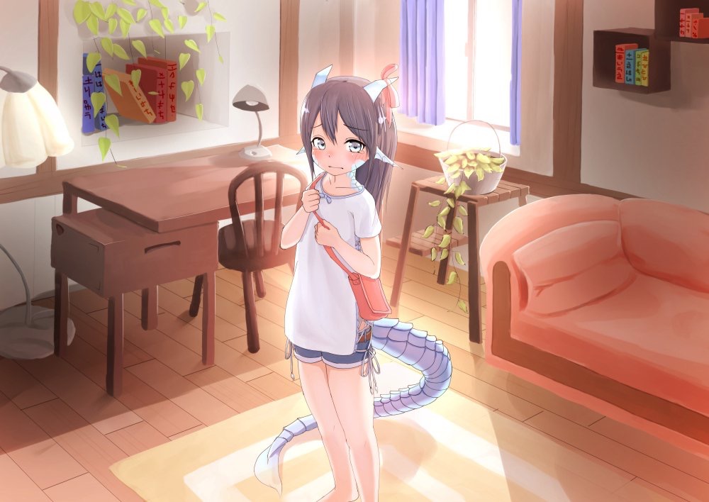 1girl bag bare_legs barefoot black_hair blush book bookshelf bow chair commentary_request couch curtains dragon_girl dragon_horns dragon_tail eyebrows_visible_through_hair hair_between_eyes holding_strap horn_ribbon horns indoors kyabe_tsuka lamp long_hair looking_at_viewer nose_blush pointy_ears ribbon scales shirt shorts solo standing sunlight t-shirt table tail tearing_up white_shirt window wooden_floor