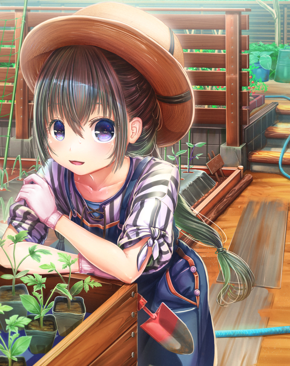 1girl abo_(kawatasyunnnosukesabu) bangs blue_eyes crossed_arms day dirt eyebrows_visible_through_hair garden gloves green_hair hair_between_eyes hat highres hose leaf leaning_forward long_hair looking_at_viewer original overalls pink_gloves plant potted_plant shirt short_sleeves solo spade standing striped striped_shirt sunlight sweat tomato translated