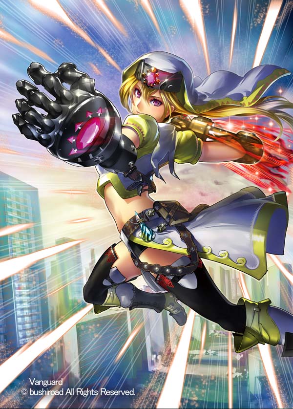 1girl back battle_sister_glace blonde_hair boots building cardfight!!_vanguard claw_(weapon) company_name copyright_name long_hair midriff momose_hisashi nun official_art sky solo thigh-highs veil violet_eyes weapon