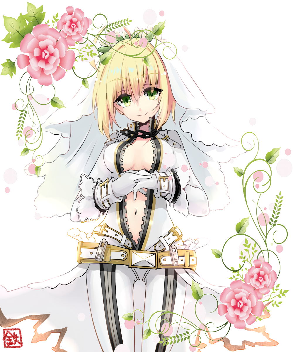 1girl ahoge belt blonde_hair blush bodysuit breasts chains cleavage cowboy_shot fate/extra fate/extra_ccc fate_(series) flower gloves green_eyes highres lock looking_at_viewer medium_breasts midriff navel no_bra open_clothes saber_bride saber_extra smile solo tetsu_naginobu unzipped veil zipper