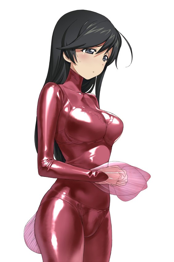 1girl a1 ahoge anglerfish_costume blue_eyes blush bodysuit bra breasts closed_mouth embarrassed from_side girls_und_panzer hair_between_eyes isuzu_hana large_breasts latex latex_suit long_hair looking_to_the_side panties pink_bodysuit see-through simple_background solo underwear white_background