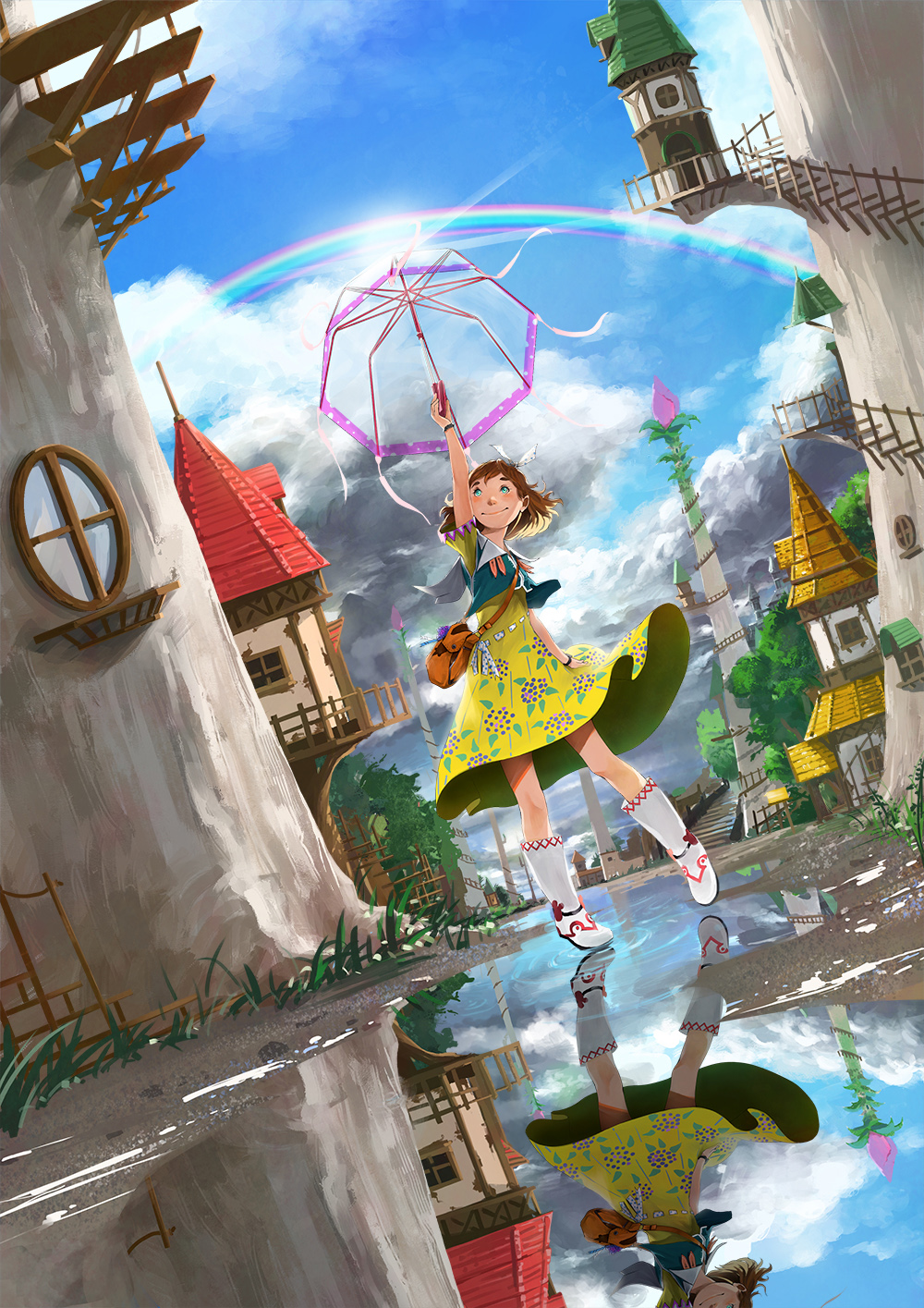 1girl arm_up bag blue_eyes blue_sky boots bow brown_hair building closed_mouth clouds cloudy_sky commentary_request day dress floral_print full_body grass hair_bow highres holding holding_umbrella knee_boots leg_up legs_apart one_leg_raised original outdoors pebble puddle rainbow reflection ripples rooftop short_hair short_sleeves shoulder_bag sky smile solo somehira_katsu stairs standing standing_on_one_leg stone tree umbrella water white_boots white_bow window yellow_dress