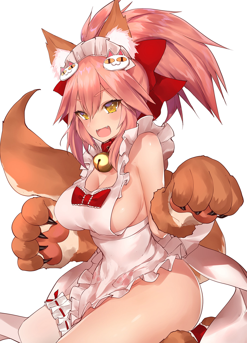 &gt;:d 1girl :d animal_ears apron artist_name bare_shoulders bell bell_collar blush bow breasts brown_gloves cat_hair_ornament cleavage collar commentary_request fangs fate/grand_order fate_(series) fox_ears fox_tail frilled_apron frills gloves hair_ornament hair_ribbon highres jingle_bell kneeling large_breasts leg_garter long_hair looking_at_viewer maid_headdress naked_apron open_mouth paw_gloves paws pink_hair ponytail red_bow ribbon seiza sideboob sidelocks signature simple_background sitting smile solo tail tamamo_(fate)_(all) tamamo_cat_(fate) thighs tsurime white_apron white_background yaman yellow_eyes