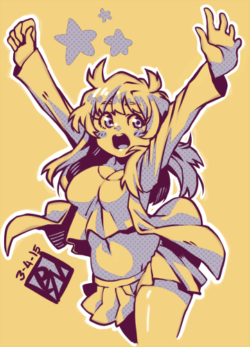 1girl arms_up babydoll_t-shirt blush_stickers jacket long_hair lowres navel open_mouth original poch4n skirt star yellow yellow_background