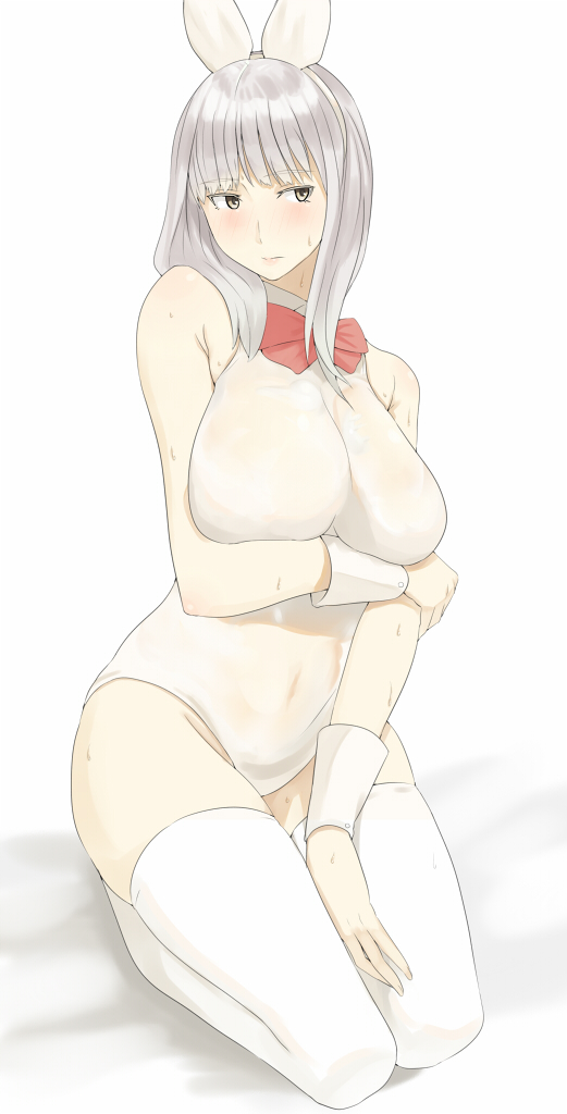 1girl animal_ears breast_hold breasts brown_eyes bunnysuit commentary_request covered_navel eyebrows_visible_through_hair fake_animal_ears full_body hairband large_breasts ogros original rabbit_ears red_ribbon ribbon see-through seiza silver_hair sitting solo sweat thigh-highs wet wet_clothes white_legwear wrist_cuffs