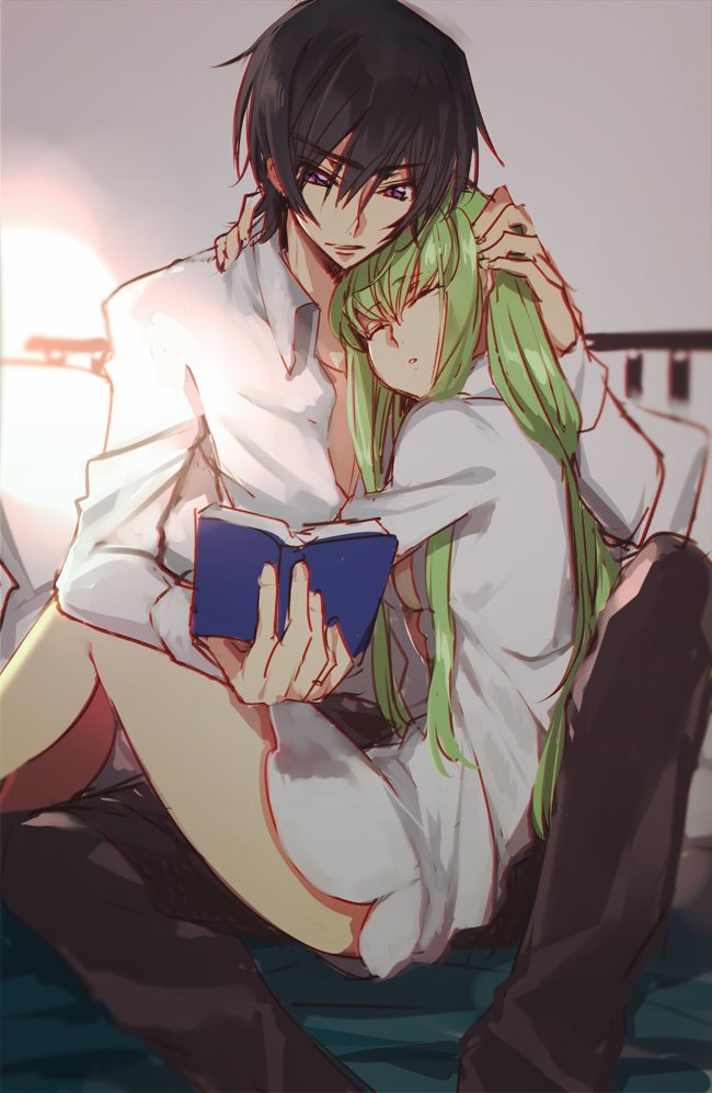 1boy 1girl arm_around_neck bare_legs bed bed_sheet black_hair book breasts brown_pants c.c. closed_eyes code_geass collarbone collared_shirt couple creayus day eyebrows_visible_through_hair green_hair hair_between_eyes hand_on_another's_head hetero holding holding_book hug indoors lelouch_lamperouge long_hair long_sleeves no_pants on_bed open_book pants pillow reading shirt sitting sketch sleeping sleeping_upright small_breasts sunlight under_boob very_long_hair violet_eyes white_shirt wing_collar