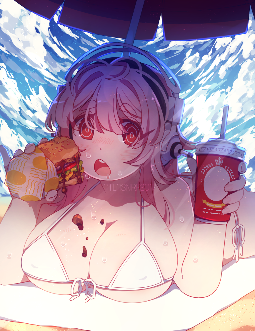 1girl bikini blush breasts cleavage commentary_request drinking_straw eating food hamburger headphones holding large_breasts long_hair looking_at_viewer nitroplus open_mouth parasol pink_hair red_eyes revision ringed_eyes soda_cup solo starry_shizen super_sonico swimsuit umbrella